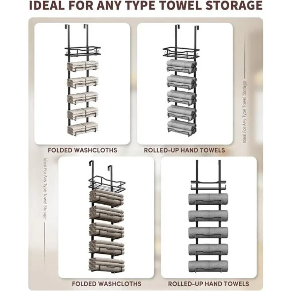 Over Door Towel Rack Bathroom Hanging Organizer 6 Tier Storage No Drill Black